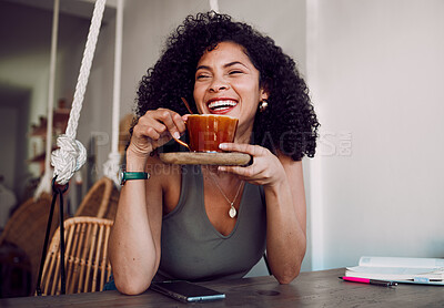 Buy stock photo Black woman, coffee and smile for remote work, happy or relax at break or lunch at a cafe table. African American female, freelancer or entrepreneur enjoy tea in restaurant after business success  