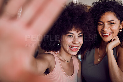 Buy stock photo Selfie, face and friends smile and happy reunion, laugh and being funny together. Social media, picture and women with photo and happiness, afro and internet post online, beauty and friendship