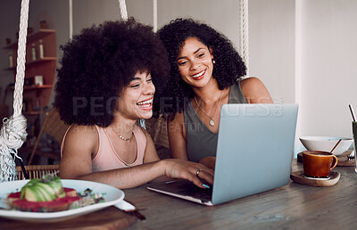 Buy stock photo Friends, laptop and web designer women at coffee shop working on digital planning, partnership and website ux collaboration. Digital marketing team, black woman and  SEO tech app stratergy at cafe