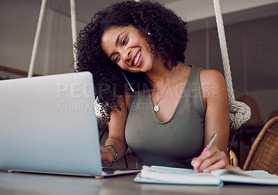 Buy stock photo Black woman, phone call and laptop with smile for communication, networking or multitasking at home. African American female event planner smiling and writing in notebook for scheduling appointments