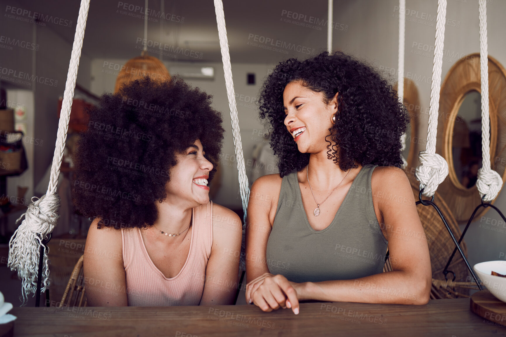 Buy stock photo Conversation, friends and happy or smile, chat and listening together in cafe. Black woman, happiness support and relax communication or speaking, giving advice or friendship bonding in coffee shop 