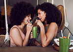 Friends, woman and drinking smoothie together in cafe, restaurant or date with comic laugh at table. Black women, share or smile with healthy juice, drink or health cocktail for love, bonding or care