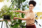 Black woman, portrait and water plants, eco friendly and happy smile for growth, development and sustainable. Young female, hydrate ferns and plant care in home, happiness and pride for ecology