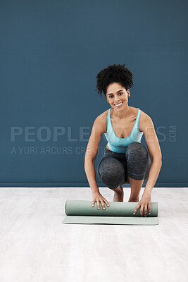 Buy stock photo Fitness, yoga and portrait of black woman with yoga mat in studio after fitness class for pilates. Wellness, health and happy girl roll exercise mat after workout, training and stretching in gym