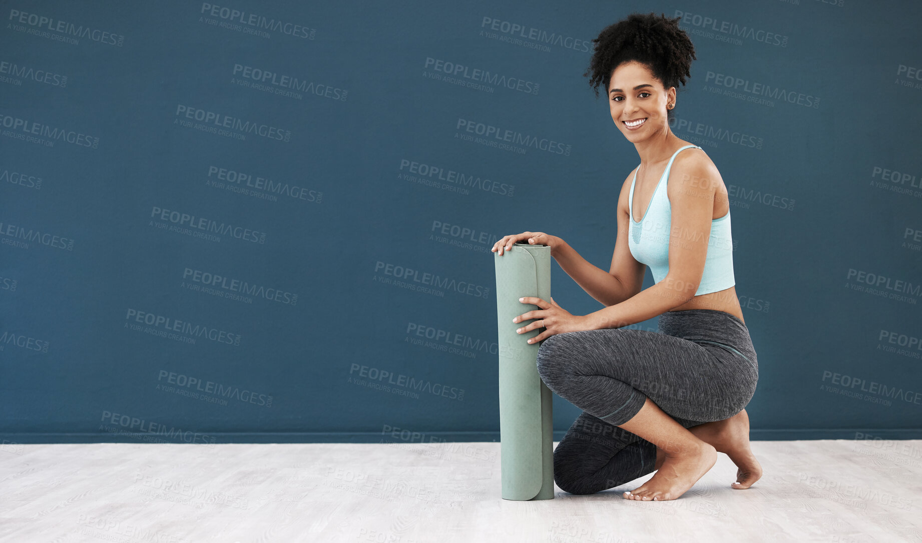 Buy stock photo Yoga, portrait and black woman, mockup and fitness, healthy lifestyle or wellness marketing, advertising space and sports branding. Happy female workout, blank wall and exercise mat in pilates studio