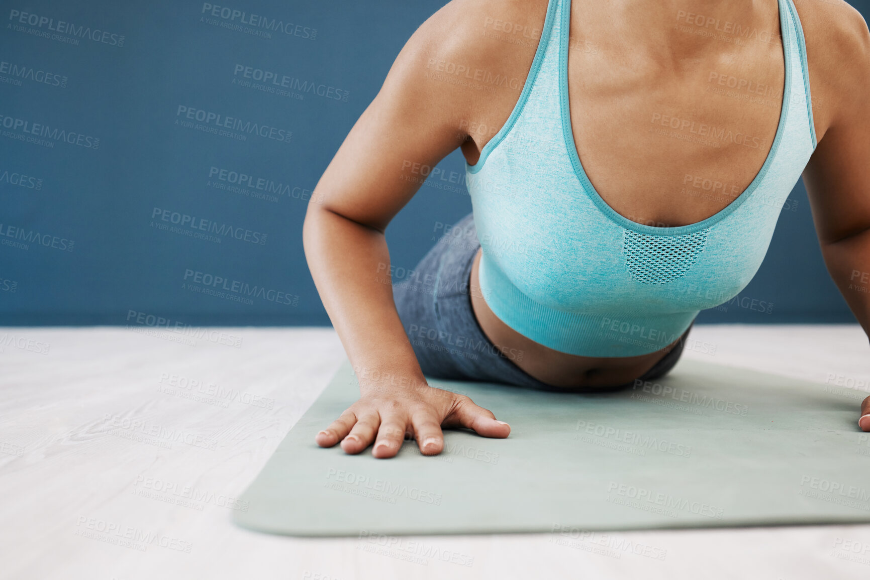 Buy stock photo Yoga, body and woman stretching for fitness, health and muscle performance on the floor of a gym. Training, warm up and strong girl doing pilates for cardio, workout and zen start to morning