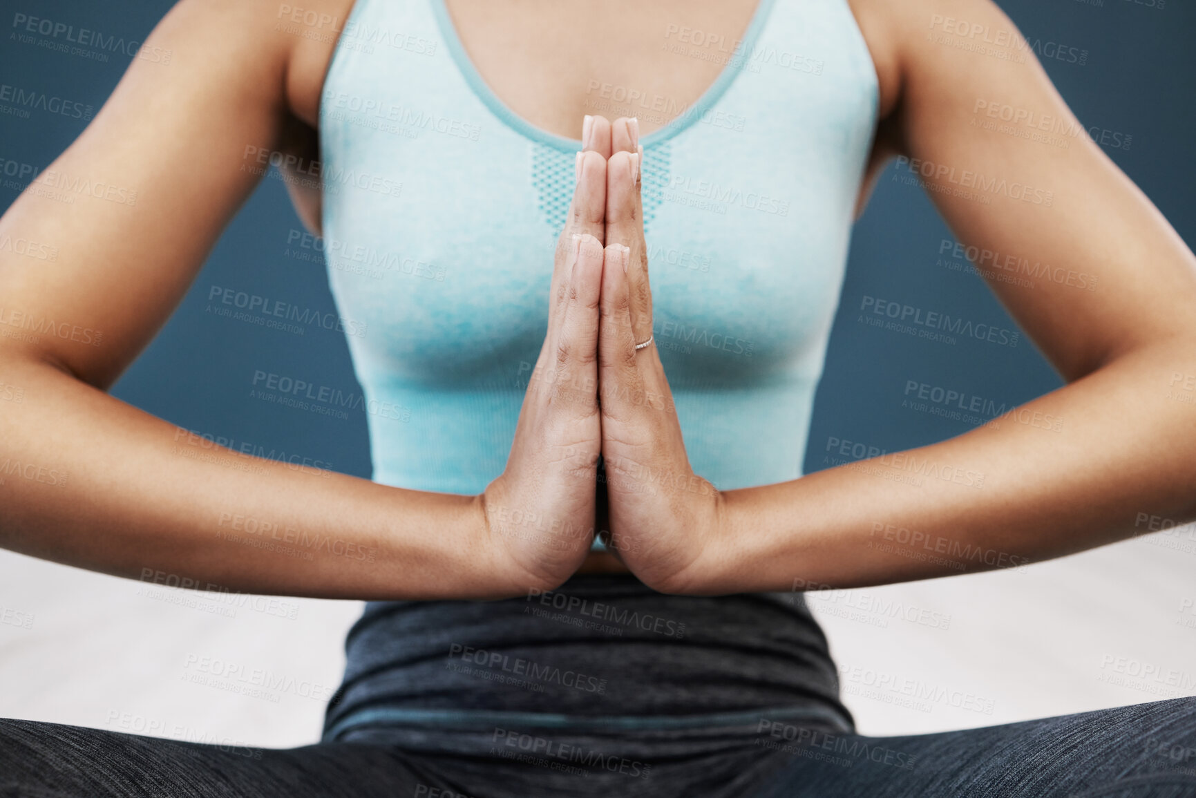 Buy stock photo Namaste, praying hands and woman doing a yoga exercise for mind, body and spiritual balance. Fitness, meditation and zen healthy lady doing a peaceful pilates workout for health, wellness and calm.