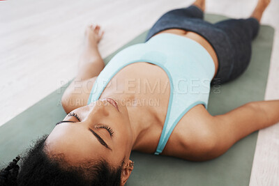 Buy stock photo Black woman, meditation and relax on floor in zen studio, peace and calm with spiritual, prayer and yoga wellness. Mental health, exercise and healthcare with mindfulness, mindset and health balance