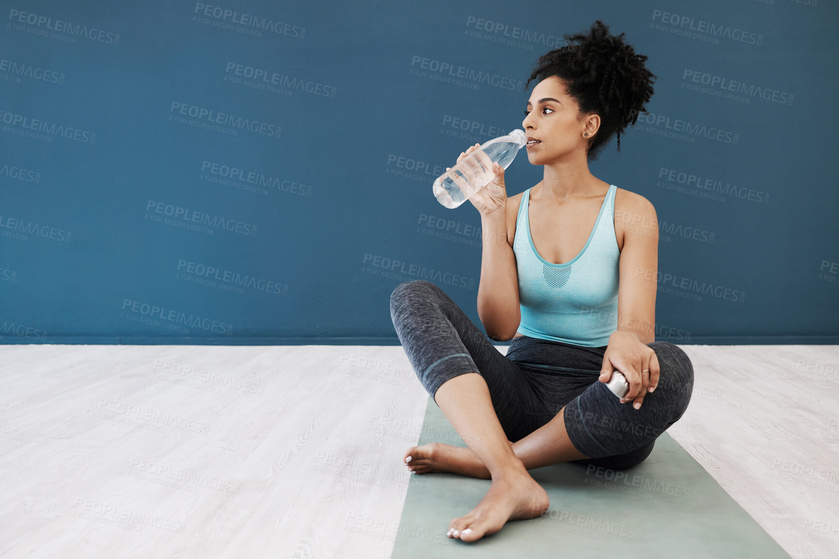 Buy stock photo Tired, fitness or woman drinking water in gym for fitness training, workout exercise or health. Athlete, yoga or relax girl with water bottle for sport hydration, mockup or rest energy in studio