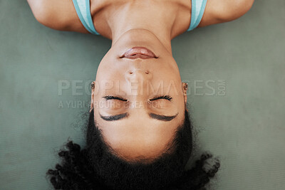 Buy stock photo Black woman, yoga and meditation training, calm mindset and zen balance on the floor, top view and chakra. Female wellness, mental health and praying with freedom, mindfulness and relax with faith