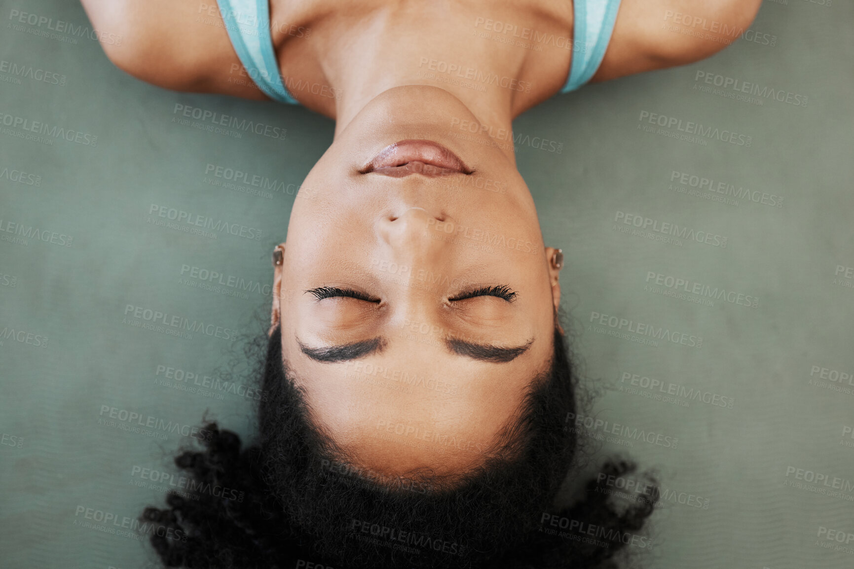 Buy stock photo Black woman, yoga and meditation training, calm mindset and zen balance on the floor, top view and chakra. Female wellness, mental health and praying with freedom, mindfulness and relax with faith