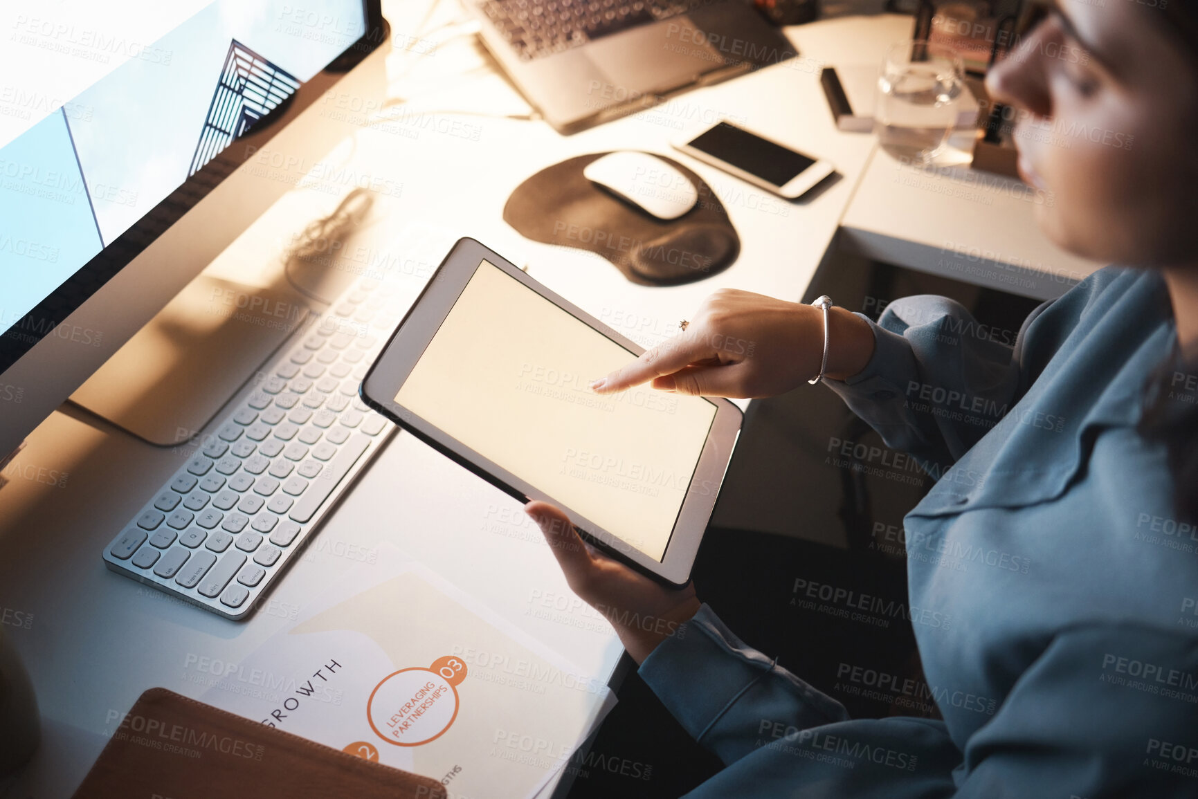 Buy stock photo Mockup, business woman and tablet for online planning, marketing strategy or sales research in office. Female entrepreneur, computer or browse internet for finance, social media apps or communication