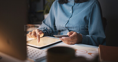 Buy stock photo Credit card, tablet and online shopping with a business woman in office at her desk late in the night. Hands, finance and payment with a female employee making a purchase while working overtime