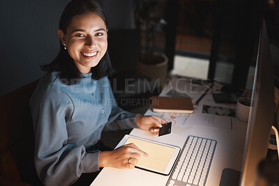 Buy stock photo Business woman, credit card or tablet in night office for company investment management, startup budget or finance planning. Portrait, smile or happy financial worker on fintech ecommerce technology