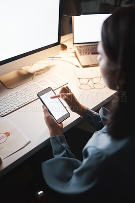 Buy stock photo Business woman, phone and green screen, branding space and mockup for advertising, social media and internet at night in office. Corporate worker, working late and texting contact on app with mock up