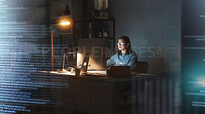 Buy stock photo Business woman, computer or coding in night office for digital marketing web design, 3d database programming or digital transformation. Programmer, cyber security worker or futuristic code technology