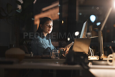 Buy stock photo Business woman, in office at night and use tablet with  computer planning, thinking and working on digital strategy for financial  company. New york, corporate employee and fintech banking security 
