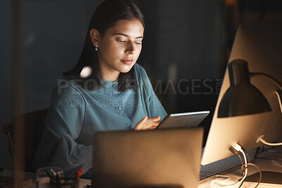 Buy stock photo Night research, business woman or tablet employee working, thinking or planning digital, seo or online website. Social media, marketing or search internet for innovation, creative or work strategy
