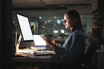 Buy stock photo Business woman, computer or tablet in night office for digital marketing planning, seo advertising strategy or brand web design. Creative worker, employee or technology working late on startup growth