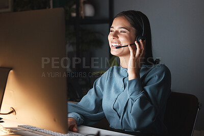 Buy stock photo Happy call center , CRM or customer service woman for success consulting, communication or networking customer. Smile, telemarketing or sales advisor for help, support contact us on computer at night