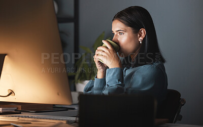 Buy stock photo Night, computer and coffee business woman at desk planning, thinking and productivity for global networking company. Copywriting, inspiration and monitor with creative manager strategy on desktop pc