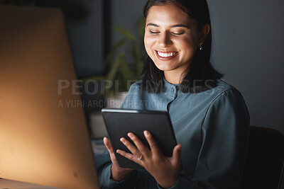 Buy stock photo Woman, tablet and happy on internet at night in office, working on digital marketing with mobile tech. Businesswoman smile, work and browser social media, web ux or online communication on app