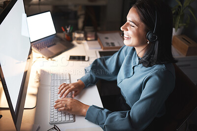 Buy stock photo Call center, night and computer with woman in telemarketing communication, e commerce sales chat and insurance advisor smile. Monitor, office help desk or virtual IT support agent on pc screen typing