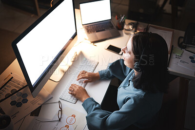Buy stock photo Blank screen, computer and desk writing with mockup of a laptop monitor and woman coding. Working, planning and work web research of a business employee writing a job email or IT code mock up
