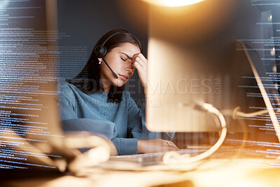 Buy stock photo Call center, headache and woman with stress for big data, information technology software solution and problem solving. Digital overlay, graphic and tried night consultant or IT agent on her computer