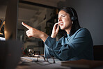 Confused, call center and business woman at night for global virtual IT, technology support or system problem solving. 404 error, fail and computer software update of corporate manager in dark office