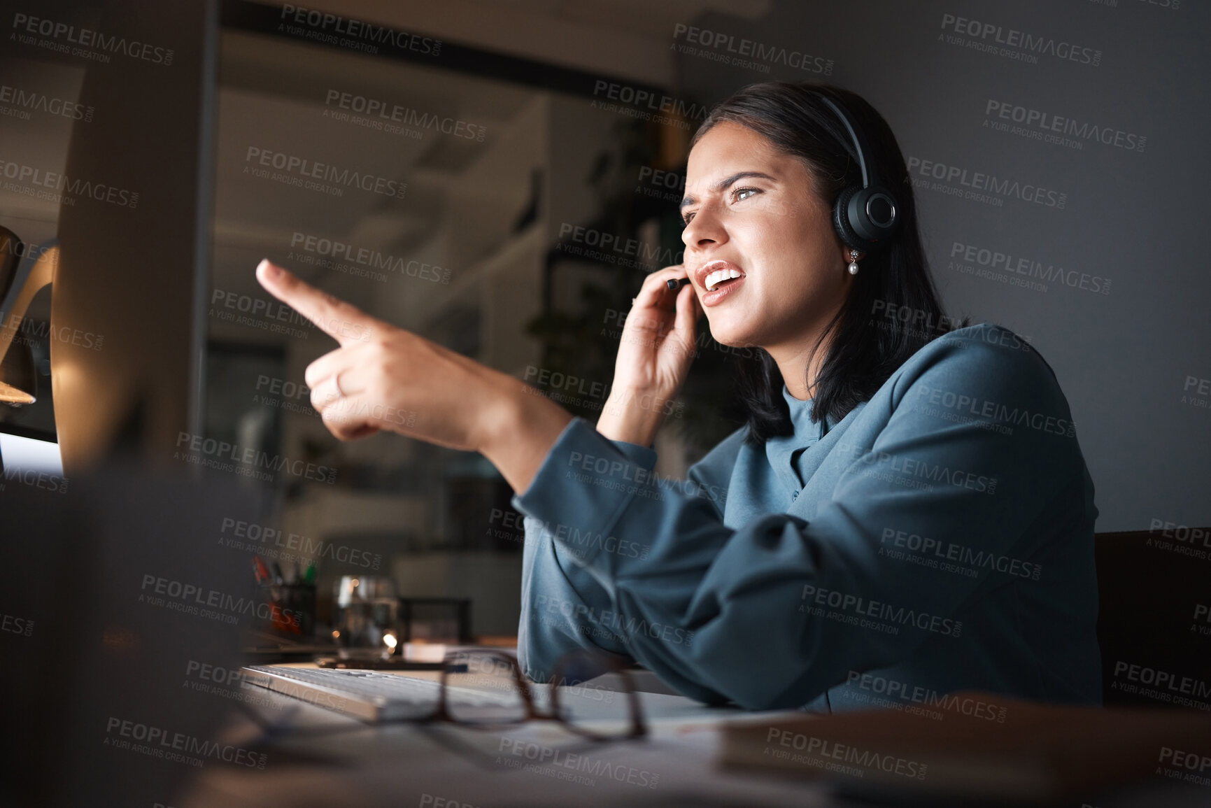Buy stock photo Confused, call center and business woman at night for global virtual IT, technology support or system problem solving. 404 error, fail and computer software update of corporate manager in dark office
