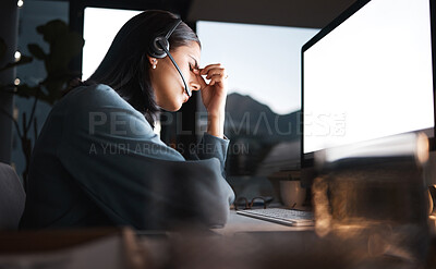 Buy stock photo Call center, woman and headache on computer in night, overtime and stress, burnout and desktop glitch, pain and crisis. Frustrated, anxiety and tired sales consultant, pc web problem and dark company