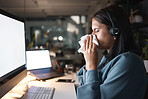 Faq, call center or sick business woman blowing nose with tissues in contact us, telemarketing or sales company. Stress flu, covid or cold virus for customer support receptionist or crm technology