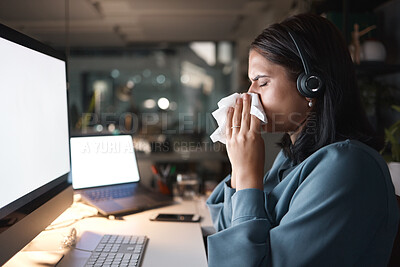 Buy stock photo Faq, call center or sick business woman blowing nose with tissues in contact us, telemarketing or sales company. Stress flu, covid or cold virus for customer support receptionist or crm technology