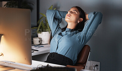 Buy stock photo Burnout, tired or business woman sleeping on the desk in office at night taking break. Fatigue, startup employee relax with stress or mental health taking nap at workplace while working on project