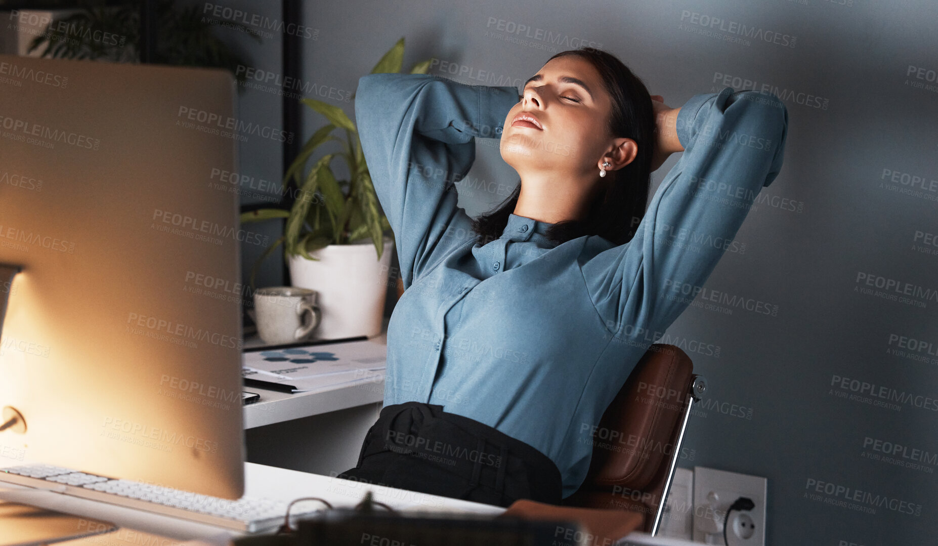 Buy stock photo Burnout, tired or business woman sleeping on the desk in office at night taking break. Fatigue, startup employee relax with stress or mental health taking nap at workplace while working on project