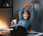 Business woman, stretching or tired at night in office with fatigue, late or planning online proposal. Stretch, stress relief or break from marketing and advertising project in company or workplace