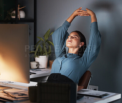 Buy stock photo Business woman, stretching or tired at night in office with fatigue, late or planning online proposal. Stretch, stress relief or break from marketing and advertising project in company or workplace