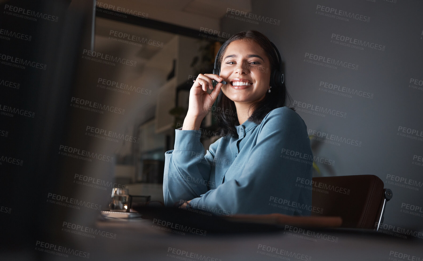 Buy stock photo Customer support, portrait and call center at night working on helping client with faq solution in digital call center. Telemarketing business, crm consultant at office desk and online consultant
