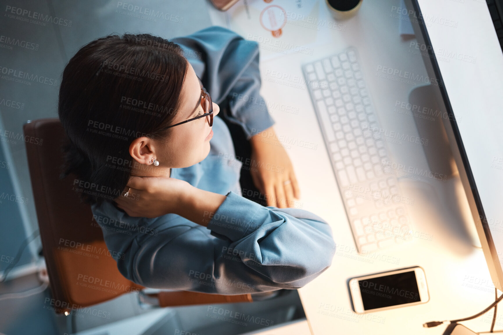 Buy stock photo Neck pain, tired and woman in office at night working on project, report or programming issue. Injury, fatigue and muscle tension of coding expert at computer late top view with mockup screen.