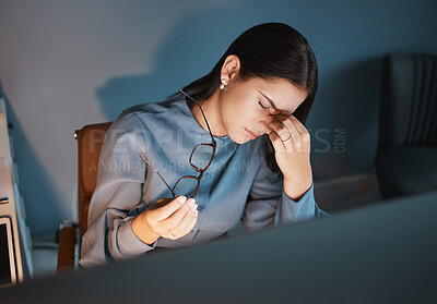 Buy stock photo Stress headache, overtime burnout and woman holding glasses in hand overwhelmed with workload in office. Frustrated, tired girl and late night project at startup with deadline time pressure crisis.