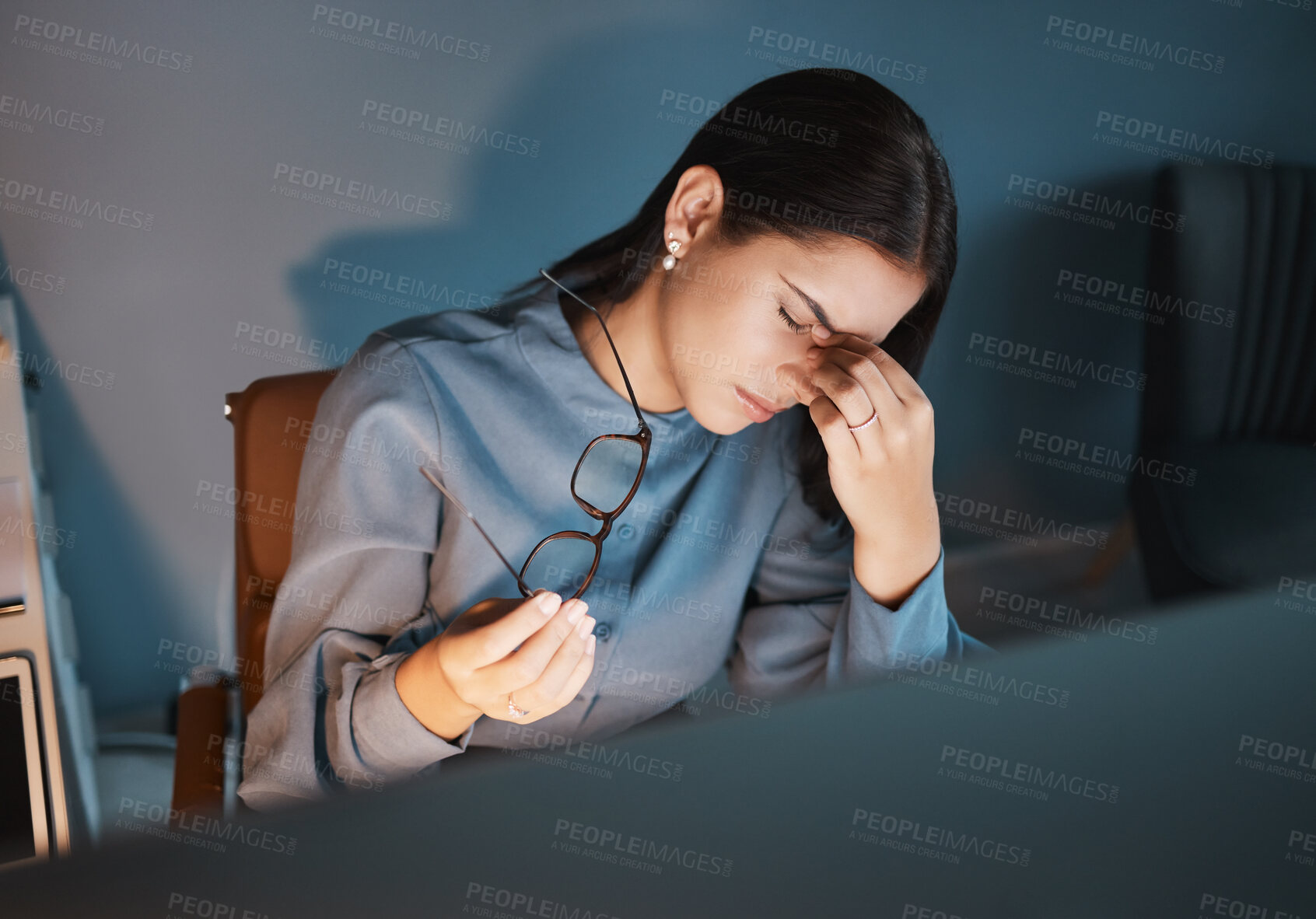 Buy stock photo Stress headache, overtime burnout and woman holding glasses in hand overwhelmed with workload in office. Frustrated, tired girl and late night project at startup with deadline time pressure crisis.