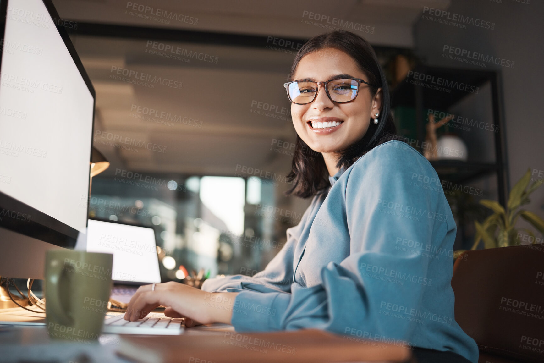 Buy stock photo Space, computer and portrait of woman in office at night, working and research idea with mockup screen. Mock up, happy and businesswoman search online for creative design, inspiration and ppt review
