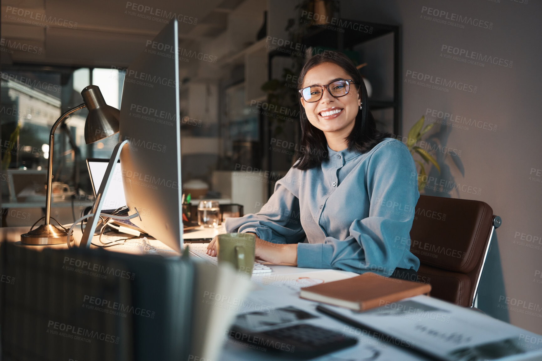 Buy stock photo Business woman, computer and designer with smile for creative ambition, vision or goals at the office. Portrait of happy employee smiling in happiness for career in design or night shift at workplace