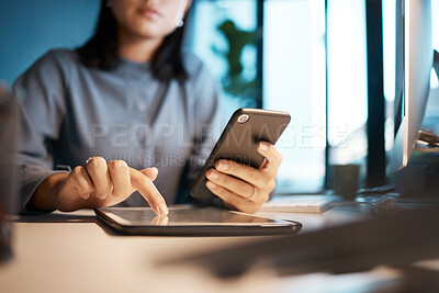 Buy stock photo Night, woman hands and smartphone, tablet and planning in dark office desk, startup or company. Closeup businesswoman with phone, digital app and cloud computing, working late with website connection