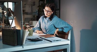 Buy stock photo Business woman, computer or back pain in night office, digital marketing startup or advertising agency company. Tired, stress injury or worker on web design technology and sciatica crisis or burnout
