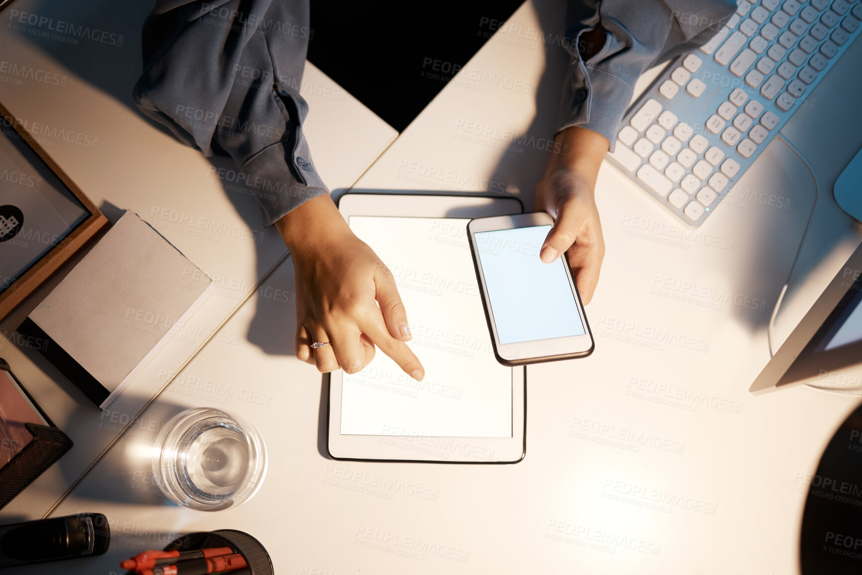 Buy stock photo Mockup, technology and hands of business woman with tablet and phone for digital, communication and internet with top view. Website, app and social networking with employee at desk for ui and 5g