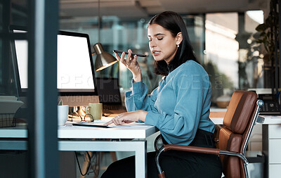 Buy stock photo Phone call, woman and computer in office at night with screen, space and mockup, speaker phone and ask siri. Blank, monitor and businesswoman talking phone recording for note, reminder and calendar
