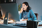 Burnout, tired and business woman yawn in office working on computer for planning, research or marketing idea at night. Overwork, employee or sleepy girl with strain, insomnia or low energy at desk
