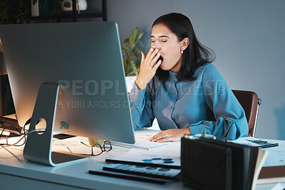 Buy stock photo Burnout, tired and business woman yawn in office working on computer for planning, research or marketing idea at night. Overwork, employee or sleepy girl with strain, insomnia or low energy at desk
